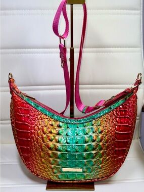 💓💚Vibrant Multicolor Croc-Embossed💛Shoulder Bag - Pink Strap